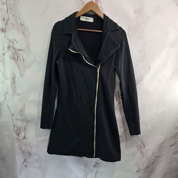Coin 1804 Jacket Womens Small Black Long Knit Zip Sweatshirt Jersey Knit Stretch - Picture 1 of 14